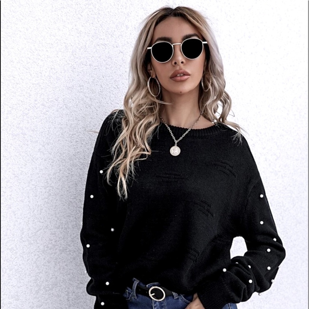 Drop Shoulder Pearl Beaded Sweater